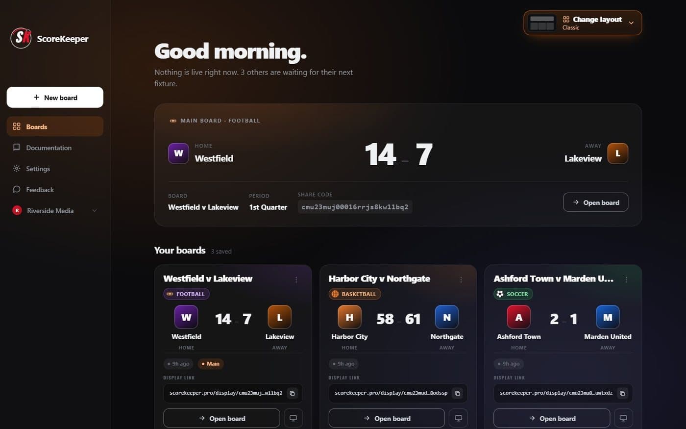 The ScoreKeeper dashboard with three boards