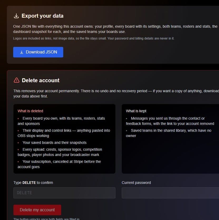 The export and delete account settings