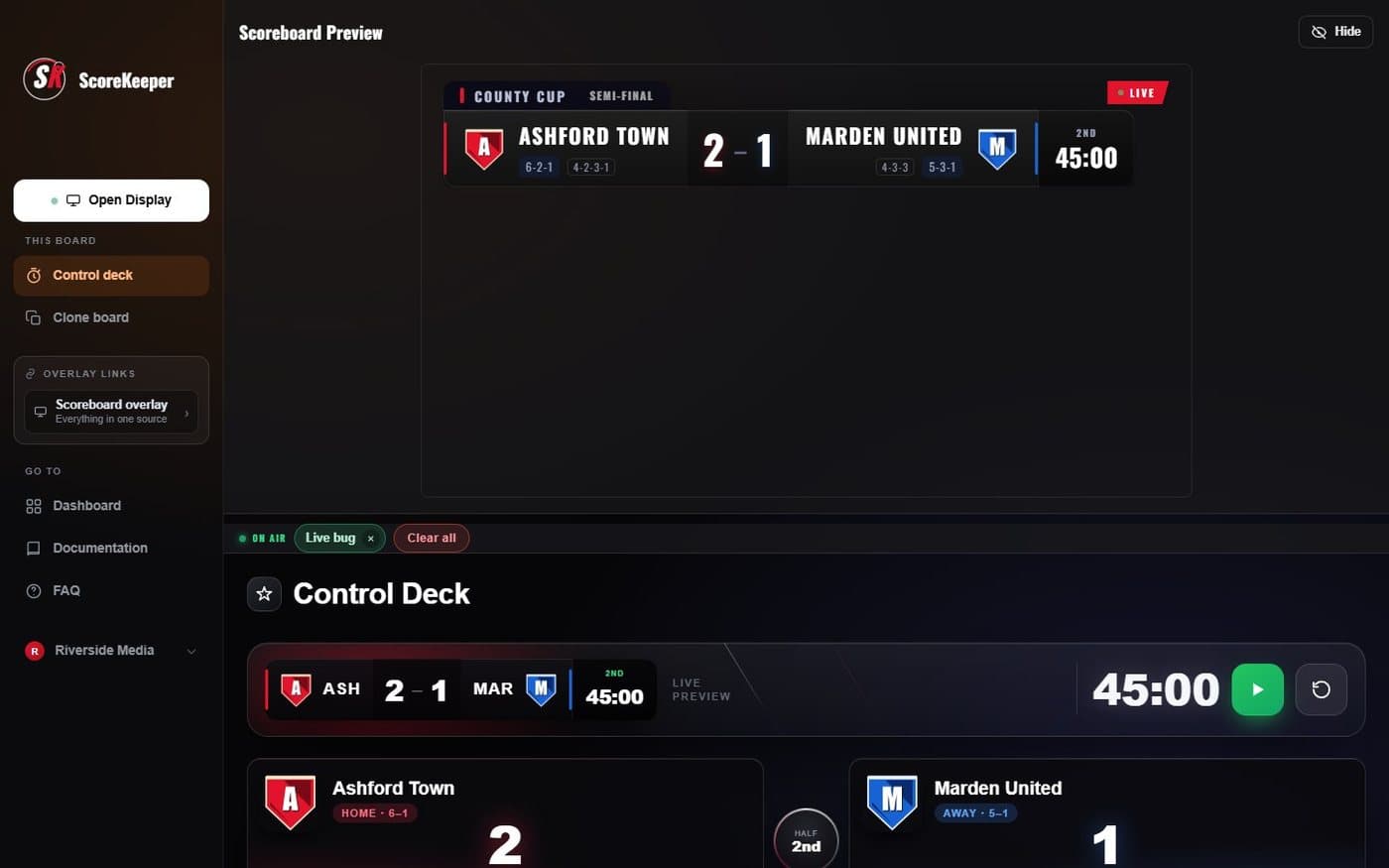 The ScoreKeeper control deck during a soccer match