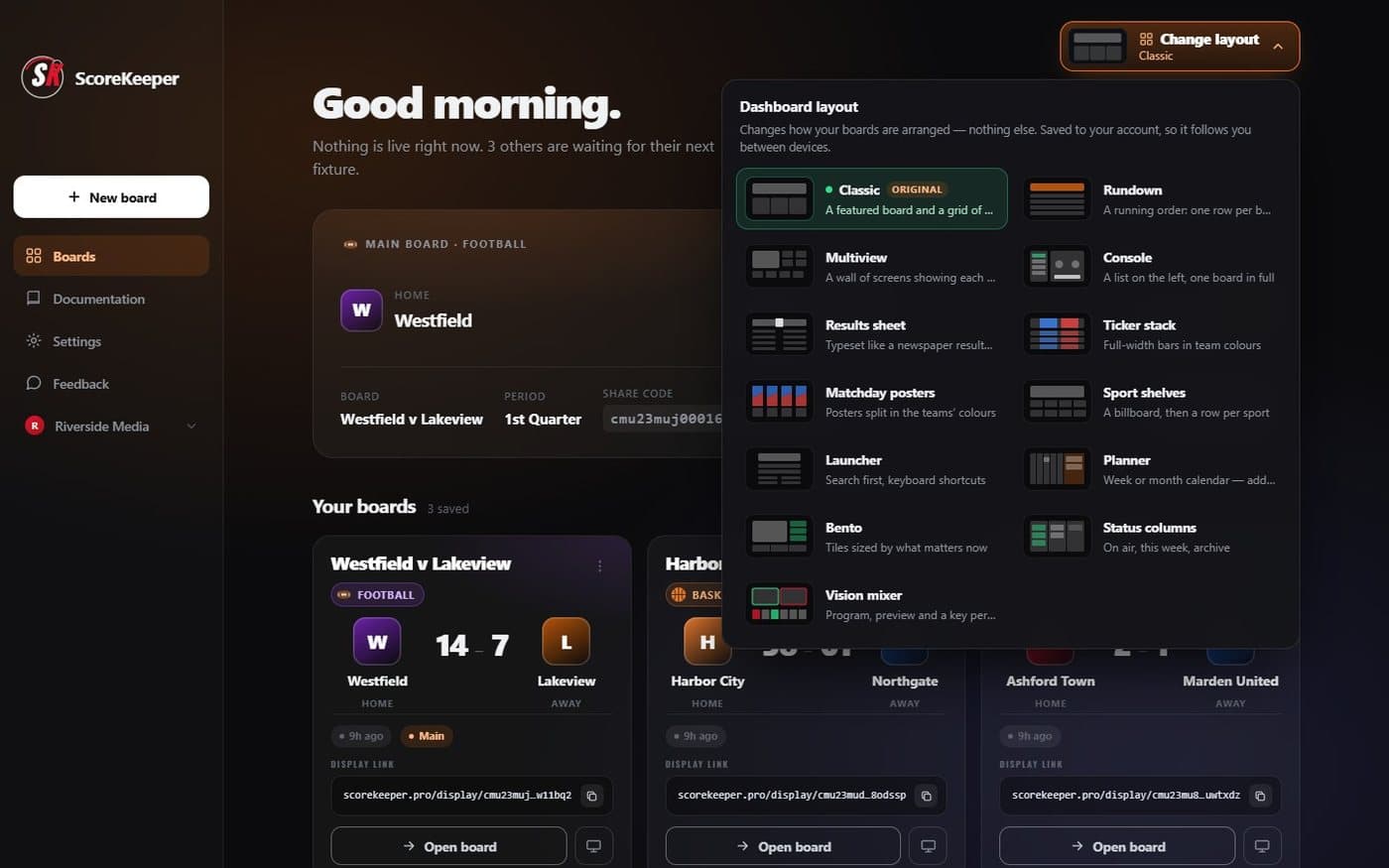 The dashboard layout picker with thirteen layouts