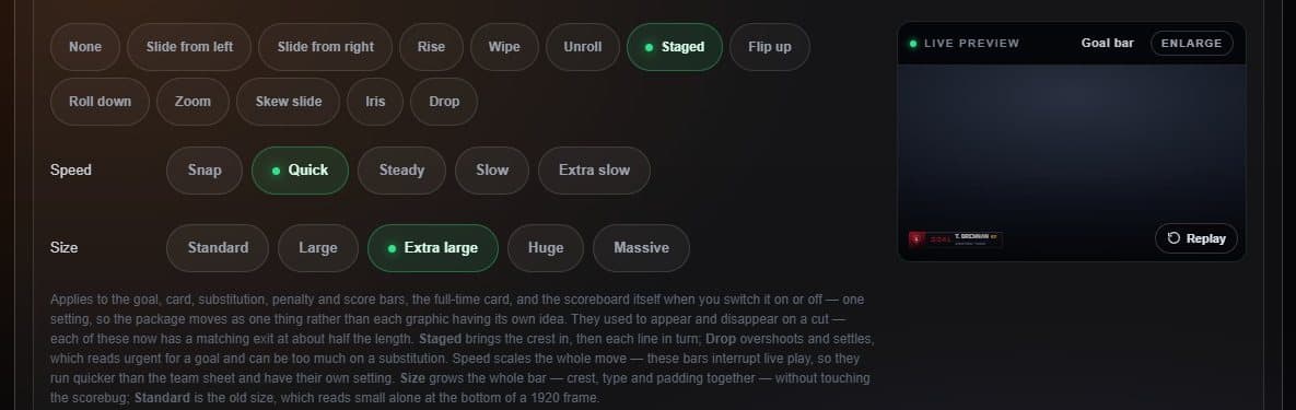 Lower-third entrance, speed and size settings
