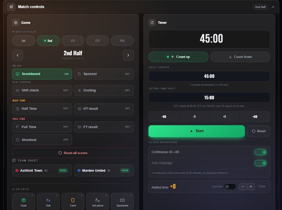 The Match controls section with the Game and Timer panels