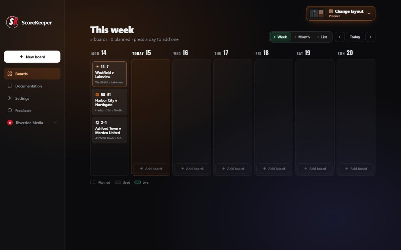 The Planner layout showing a week of boards
