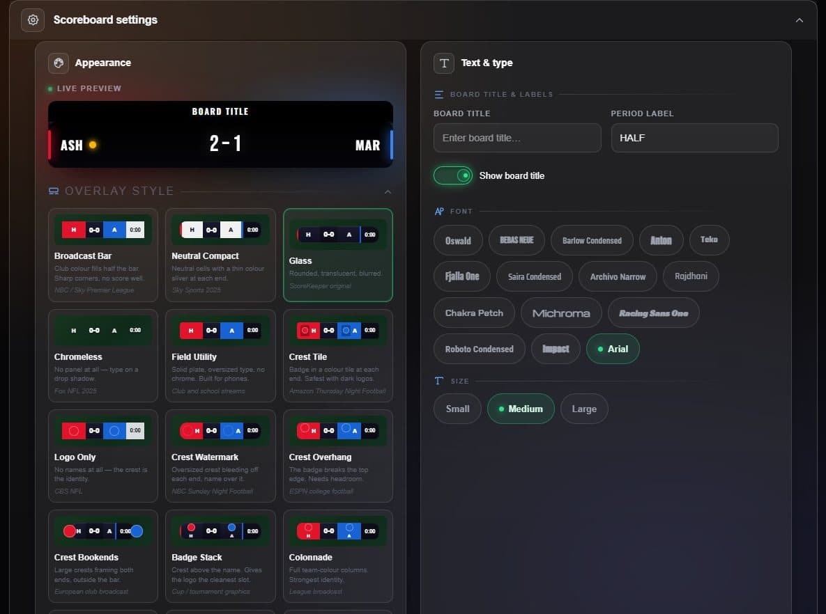 Scoreboard settings with the style picker