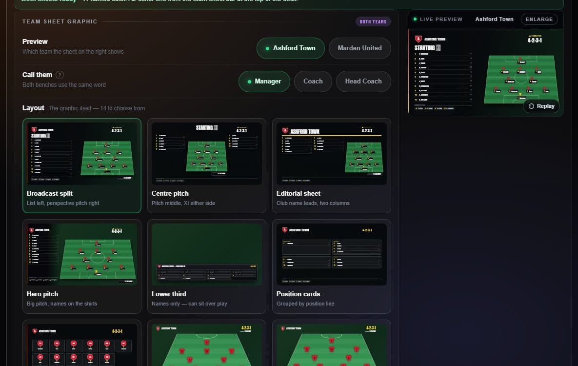 The team sheet graphic settings